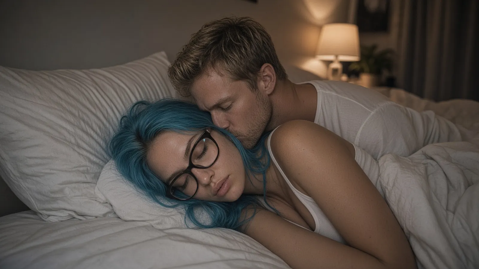 Pareja en la cama a la luz cálida de una lámpara: él le besa la cabeza a ella, de pelo azul y anteojos, que descansa en calma