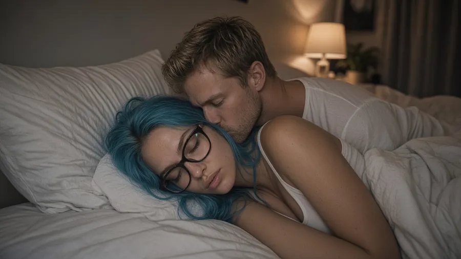 Pareja en la cama: él le besa la cabeza a ella con ternura